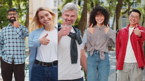 Collage-Aus-Unterschiedlichen-Menschen,-Die-Daumen-Hoch-Zeigen,-Wie-Ein-Positives-Zeichen-Für-Gutes-Positives-Feedback-Auf-Der-Stadtstraße