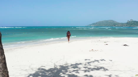 young brunette girl in bikini explores playa teco maimon near puerto plata dominican republic, drone slide left