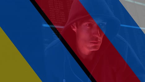 animation of caucasian male hacker over flag of russia and ukraine