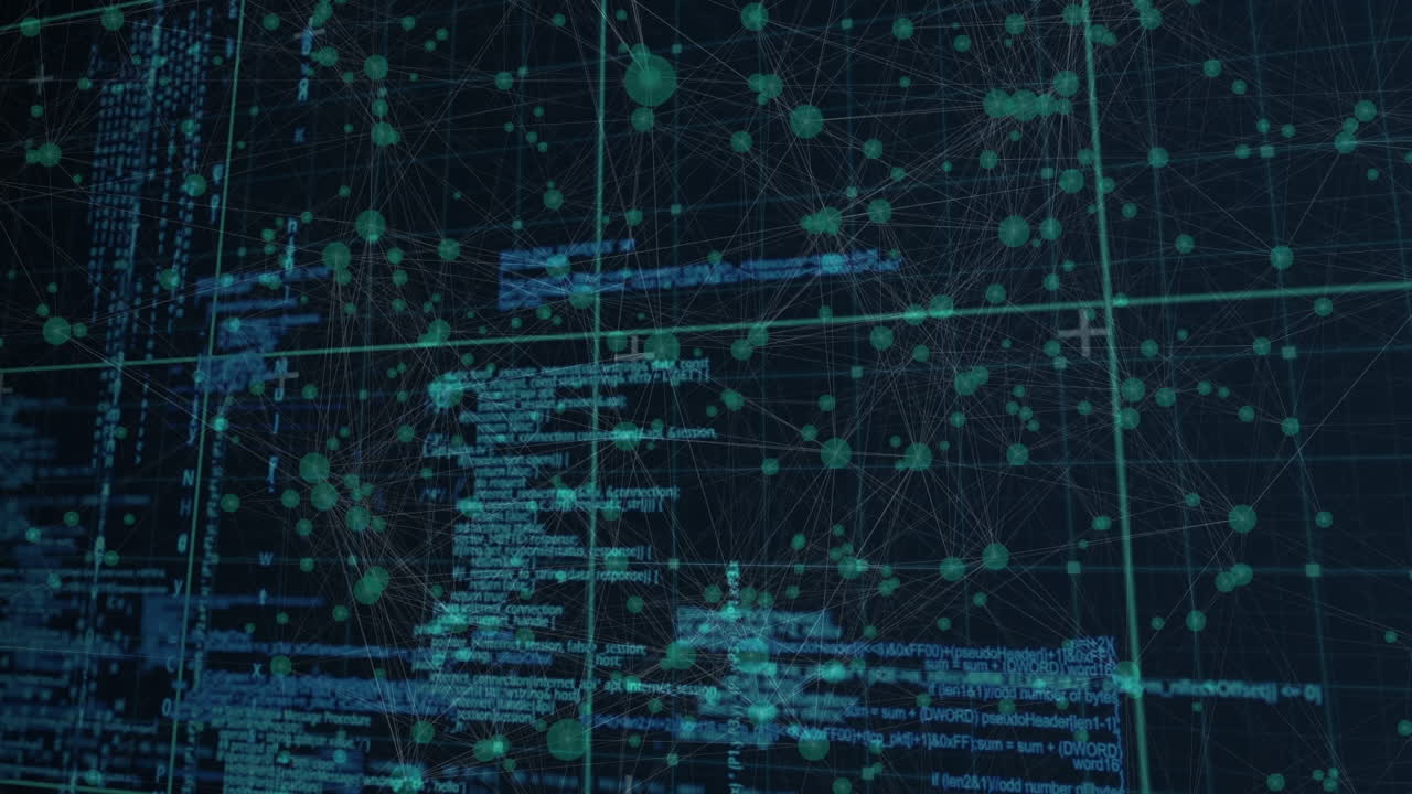 Animation of data processing and network of connections over dark background