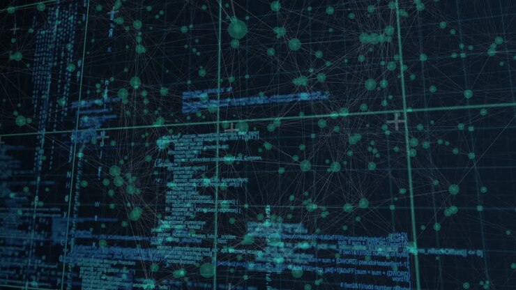 Animation of data processing and network of connections over dark background