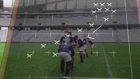 animation of drawing of game plan over diverse rugby players