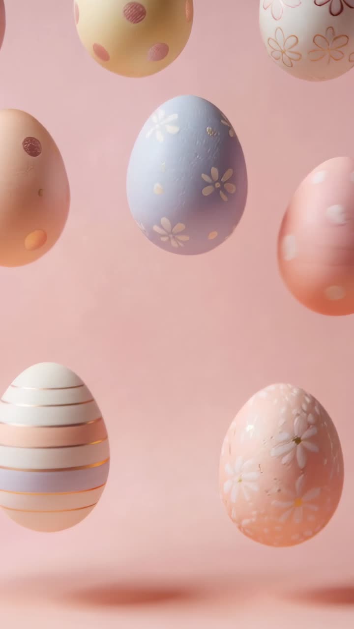 Vertical video: Bobbing after subtle breeze, nine pastel eggs rotating in studio to show patterns