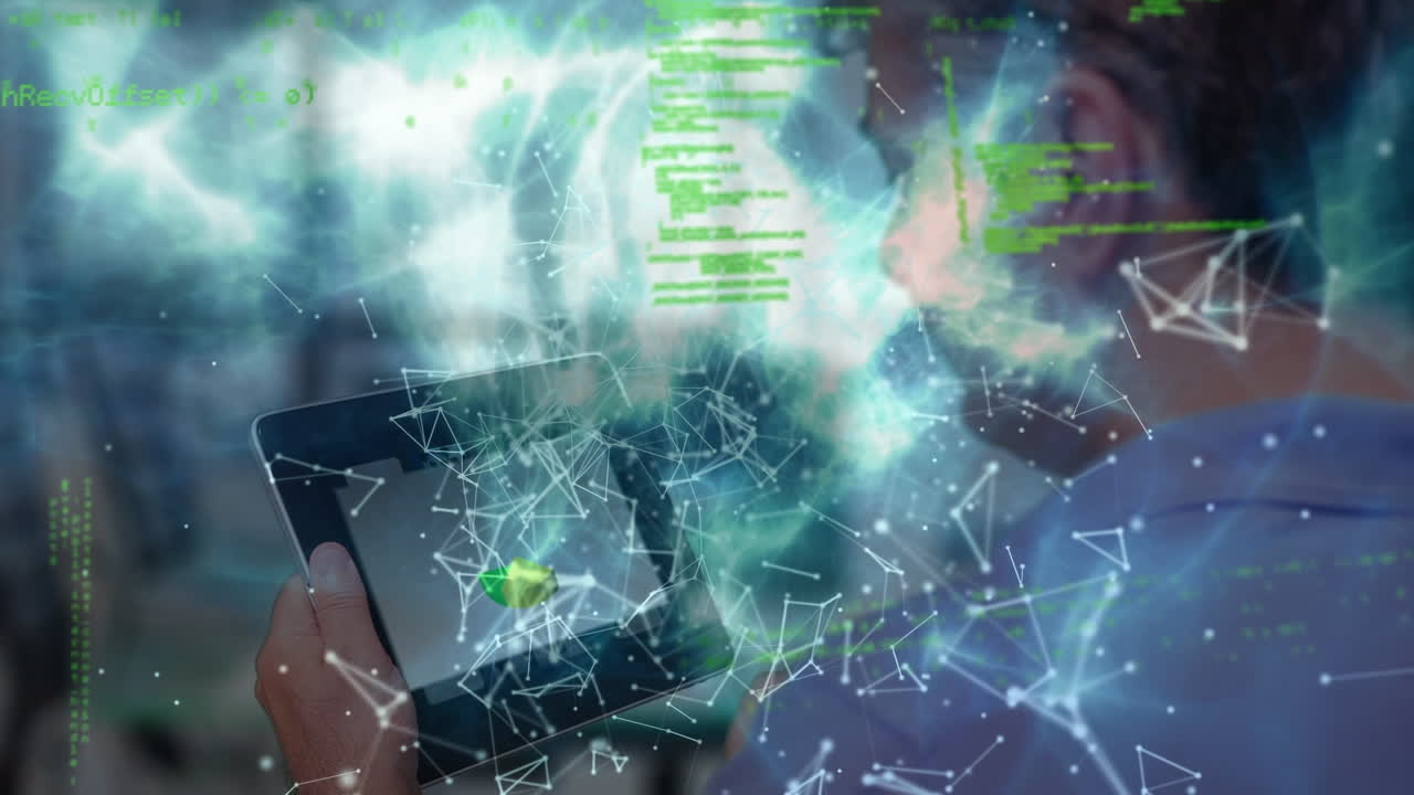 animación del globo, conexiones y datos sobre el hombre asiático usando la tableta