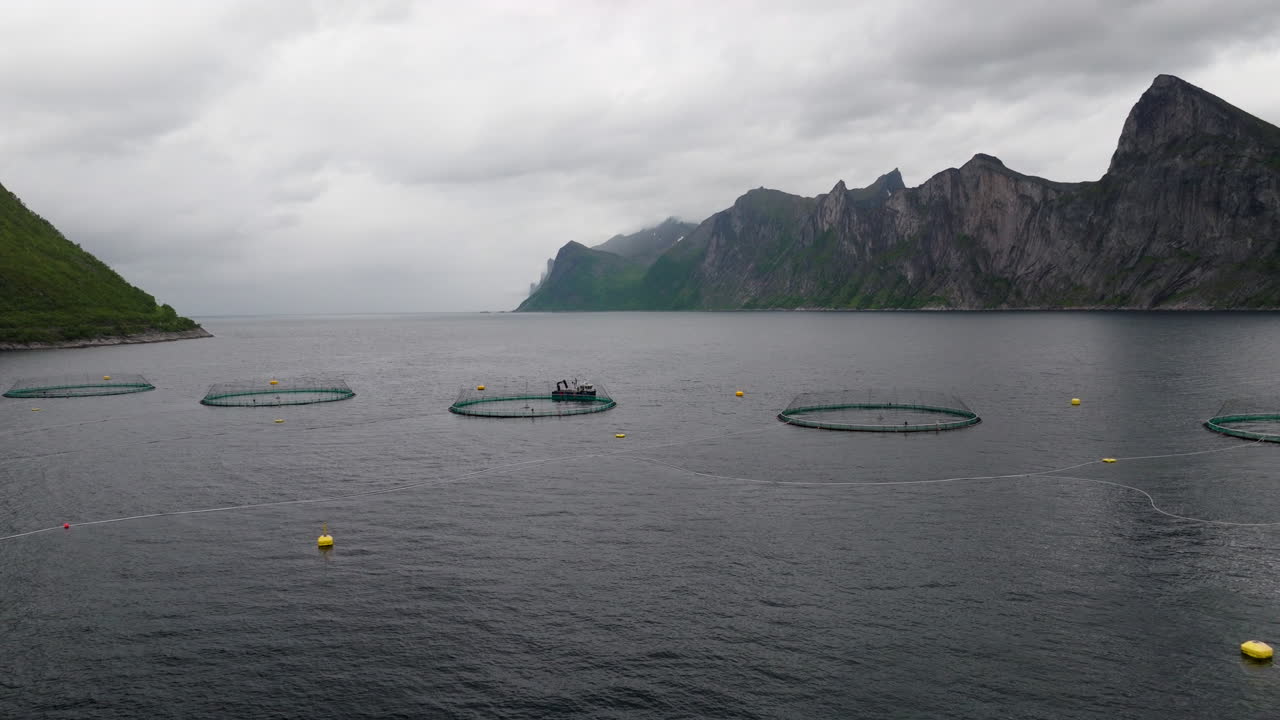 Marine pens of salmon farm in Mefjord surrounded by imposing mountains, Senja
