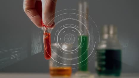 animation of scope scanning and data processing over close up of scientist working in lab