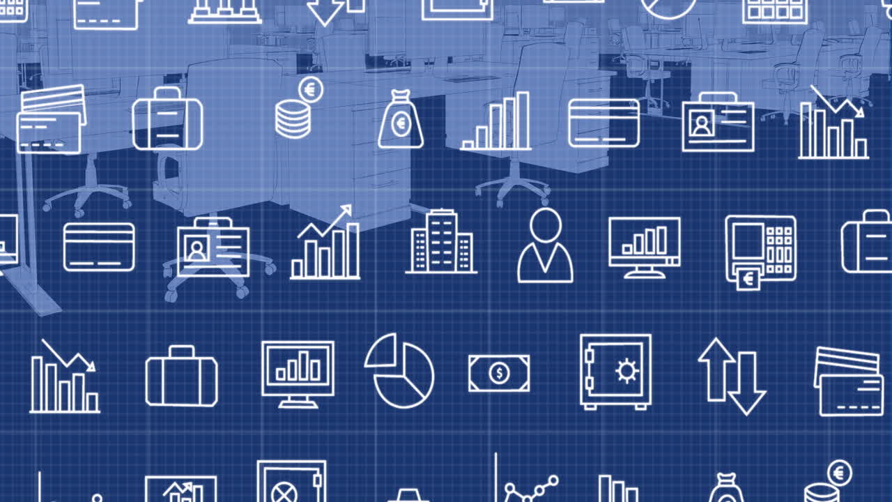 animación de múltiples iconos digitales a través de la red de cuadrícula contra el modelo de oficina 3d.