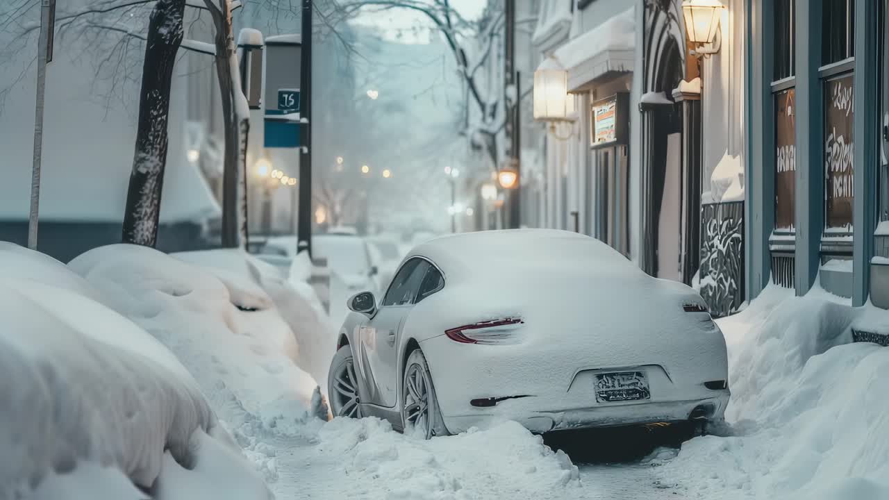 Snowy City Street with Parked Car