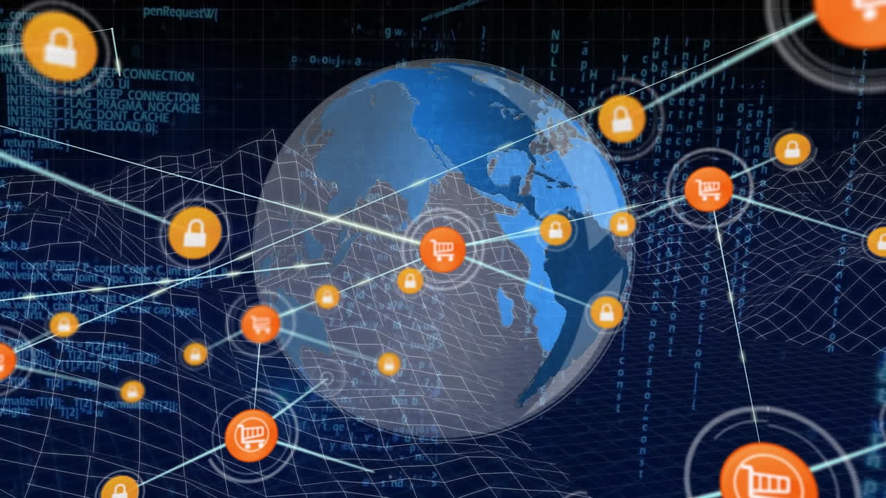 디지털 아이콘 네트워크의 애니메이션, 회전하는 지구, 메타버스 구조 및 데이터 처리