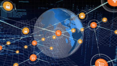 animación de la red de iconos digitales, globo giratorio, estructuras de metaverso y procesamiento de datos