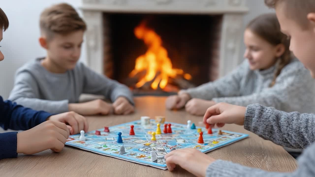 A Cozy Evening of Fun and Strategy: Children Enjoying a Board Game Together by the Fireplace while the Flames Dance in the Background