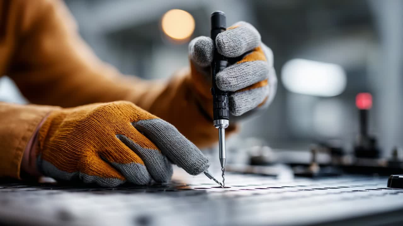 Un tecnico specializzato che indossa guanti protettivi sta modificando con precisione una piccola vite metallica o un componente su un banco da lavoro, sottolineando l'importanza della sicurezza nel lavoro tecnico e nell'artigianato