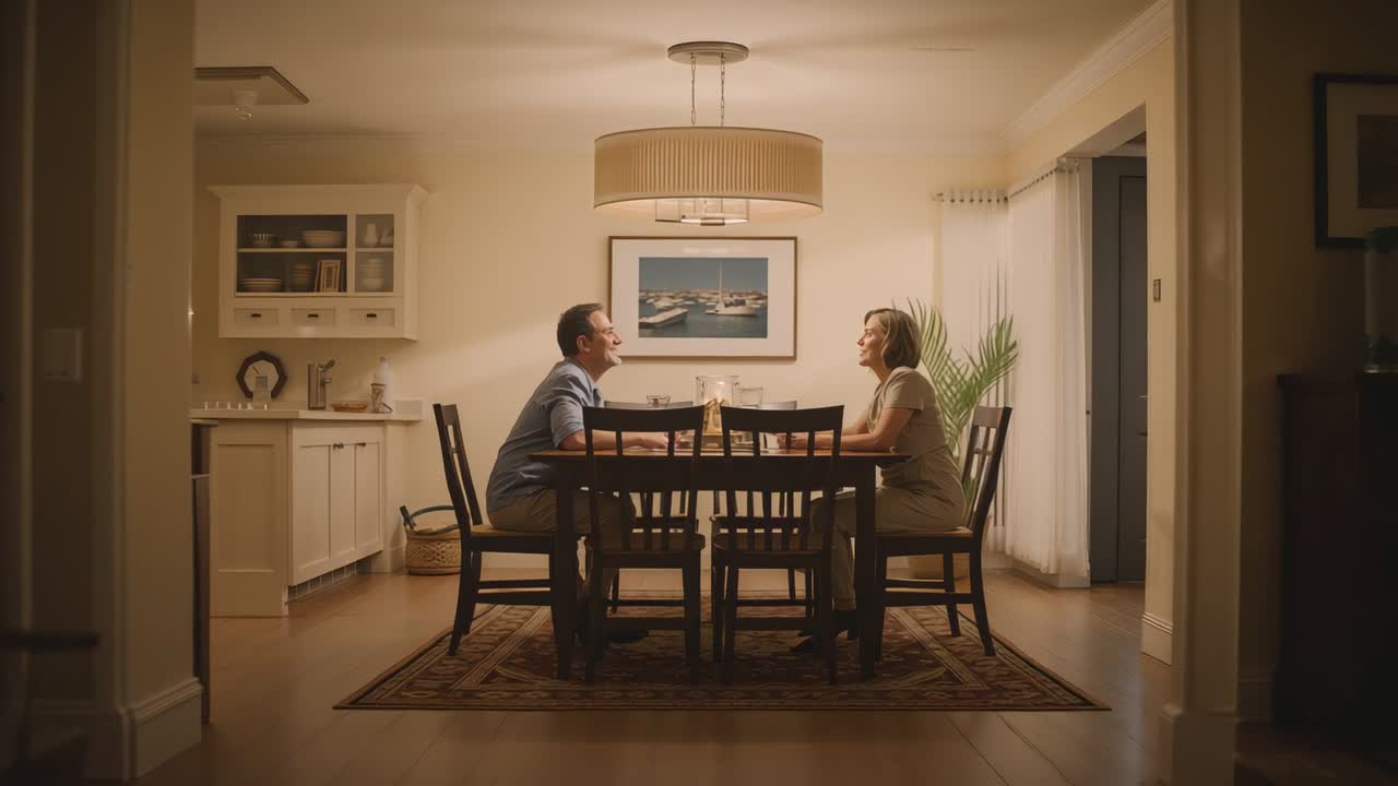 Leaning blue-shirted man initiating forward lean, woman mirroring while conversing at dining table