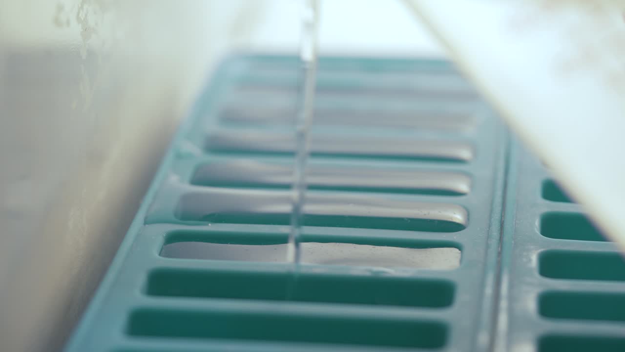 Primo piano di acqua che riempie lo stampo per ghiaccio in silicone.