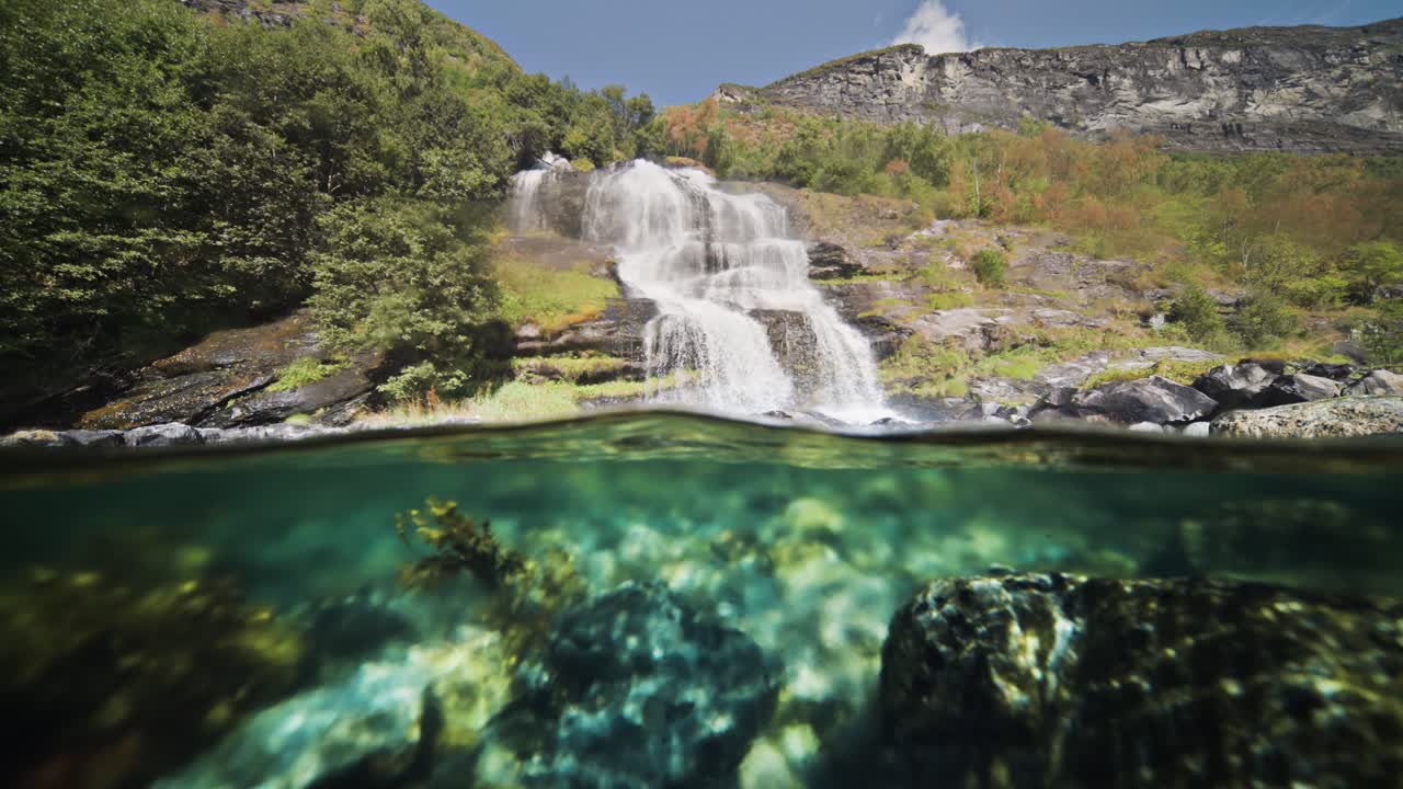 A close-up view of a cascading waterfall flowing into the calm waters of Geiranger Fjord, surrounded by lush greenery. And over-under water view.