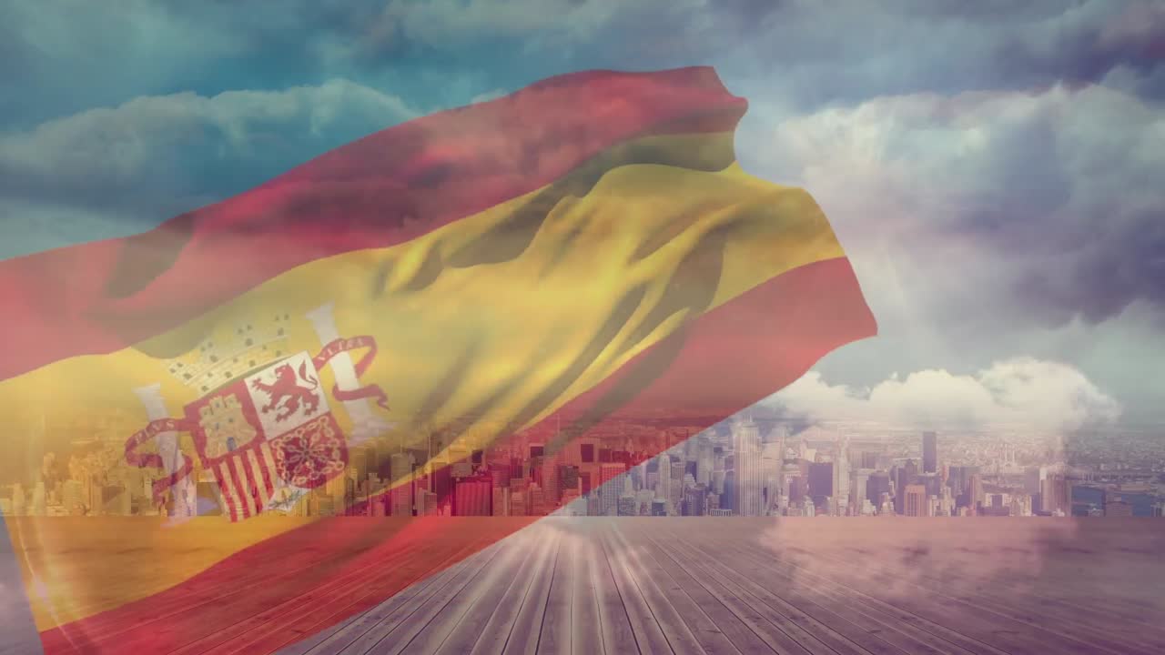 Animasi bendera Spanyol berkibar di atas pemandangan kota