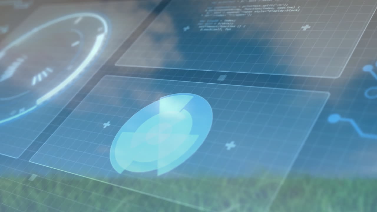 interfaz digital con animación de diagrama de pastel sobre escena al aire libre con cielo azul