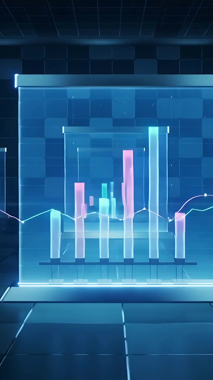 Vertikal video: Kameraet skifter og afslører en hologram-søjlediagramvisning i et showroom, der viser live data.