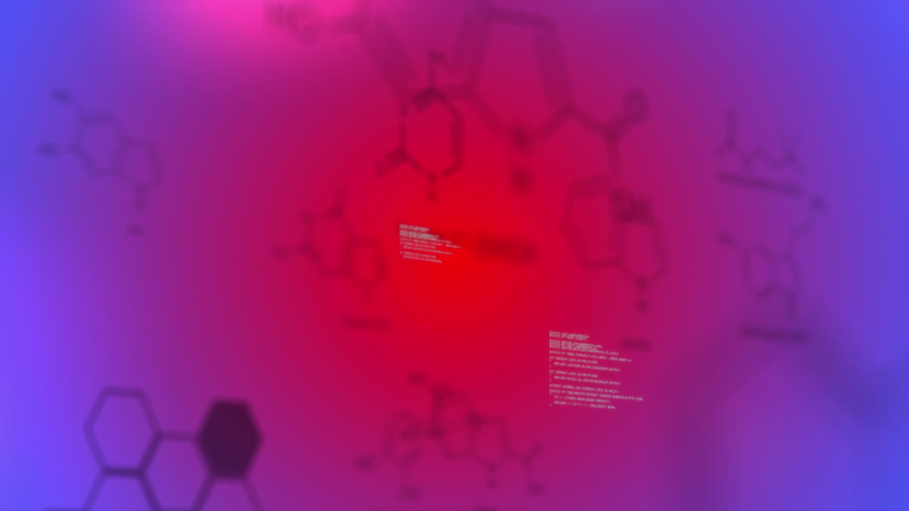 Animation of molecule structures and computer language over multicolored lens flares in background