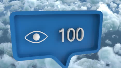 animación del icono del ojo con números en la burbuja del habla sobre el cielo y las nubes