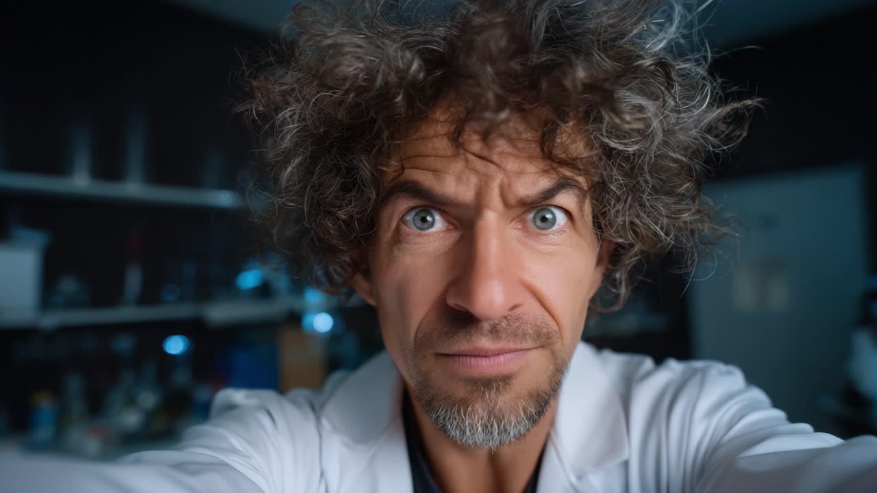 Um cientista excêntrico com cabelos despenteados faz uma expressão intensa enquanto trabalha em um laboratório bagunçado, mostrando o lado apaixonado da exploração científica.