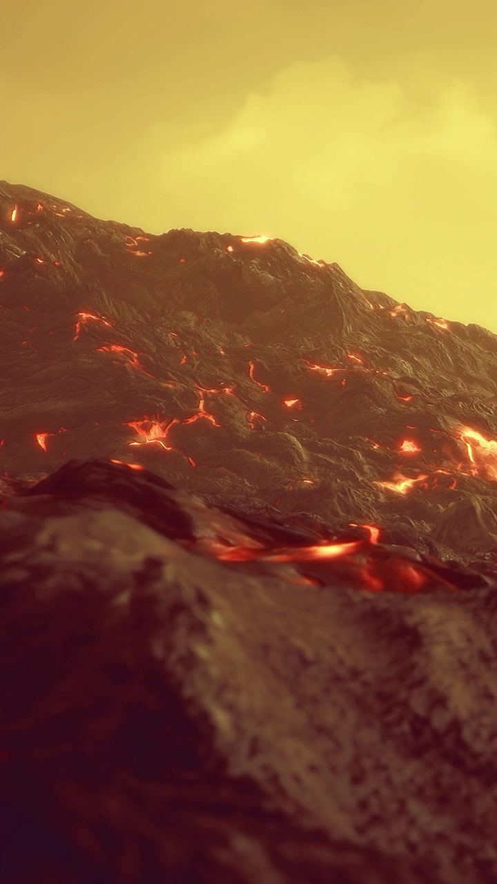 Colate di lava su un paesaggio vulcanico sotto un cielo giallo durante una giornata calda