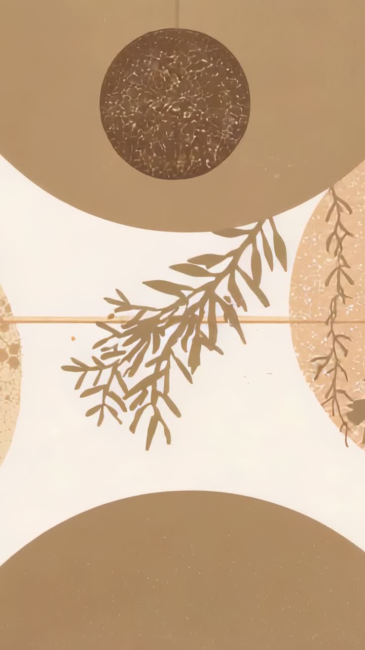 Video verticale: rendering in 3D di arte botanica a ciclo continuo con panoramica verticale su aree di lavoro beige che rivela dischi e rametti