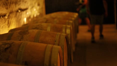 person walking through a wine cellar