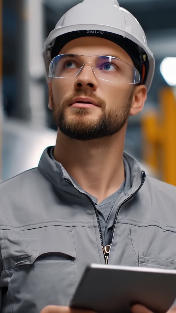 Operaio con cappello esamina i dati su un tablet. Gli occhi concentrati seguono lo schermo mentre indossa occhiali di sicurezza. L'ambiente industriale suggerisce controllo qualità o monitoraggio macchine.