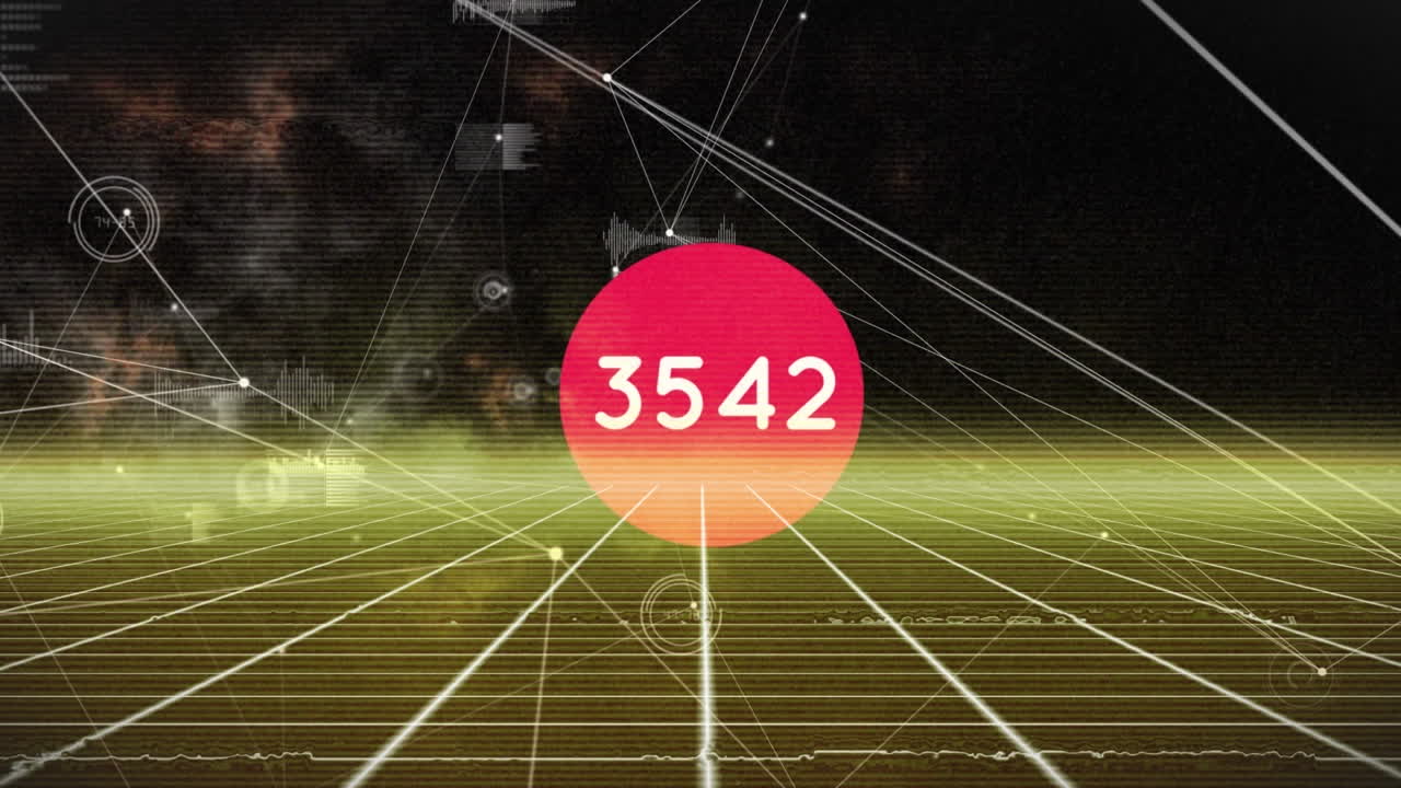 검은색 배경에 증가하는 수에 대한 데이터 처리를 가진 연결 네트워크의 애니메이션