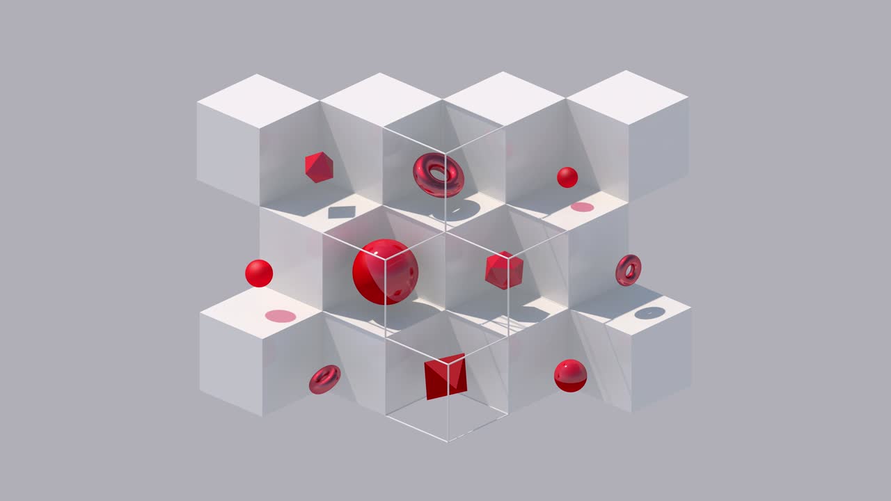 White cubes and red geometric shapes. Hard light. Abstract animation, 3d render.