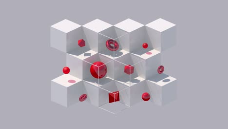 white cubes and red geometric shapes. hard light. abstract animation, 3d render.