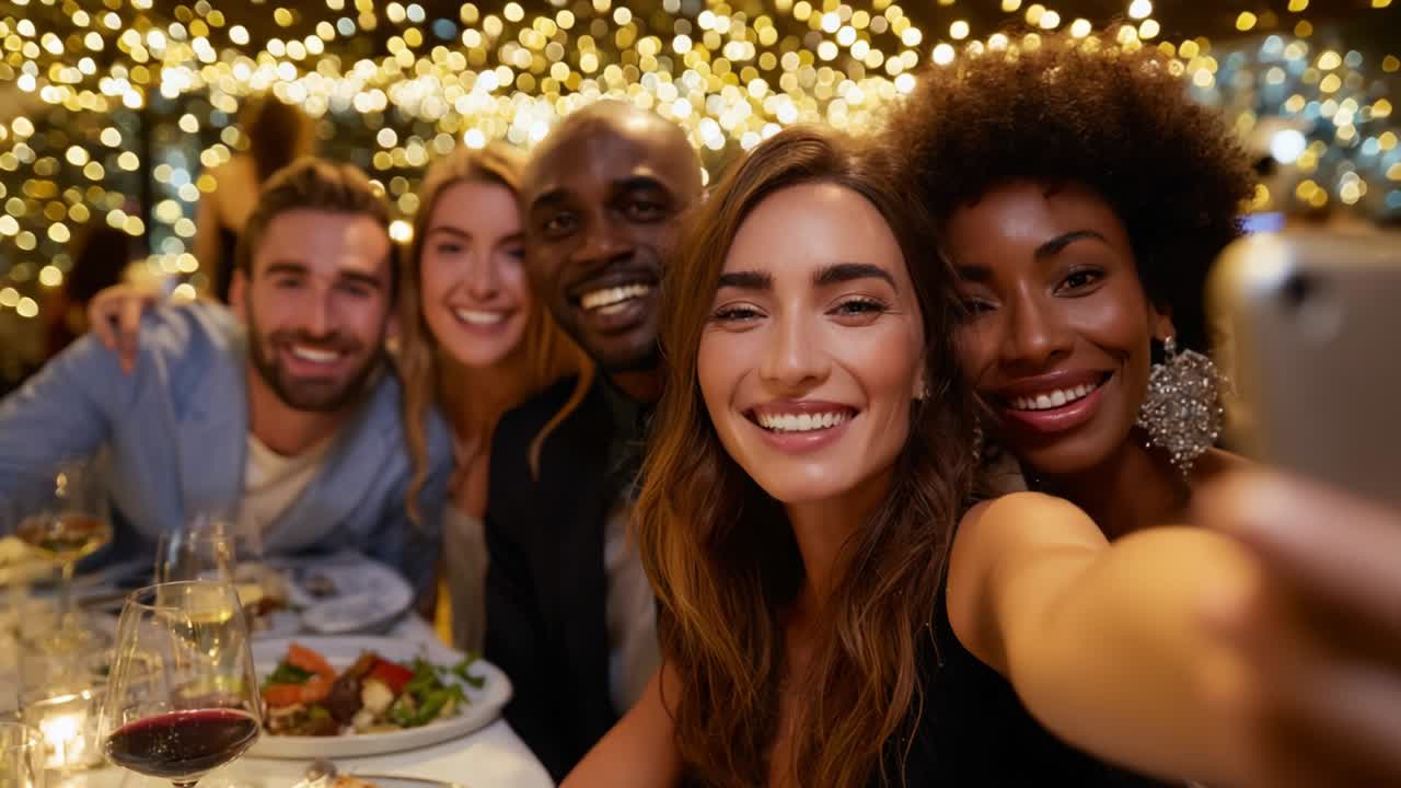 Un allegro gruppo di amici che immortala ricordi durante una cena festiva, tra risate e gioia, circondato da scintillanti luci fatate, che riflettono una notte di unione e festa
