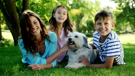 family playing with their dog in the park