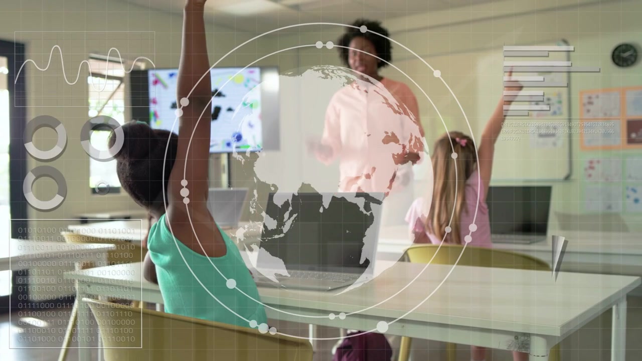 Teacher pointing at screen, globe HUD showing data over class, student on laptop, peer raising hand