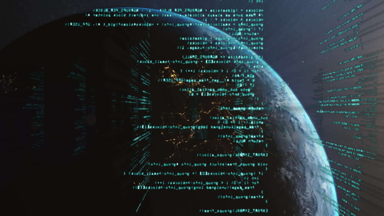 Animation of digital data streams flowing over Earth from space view