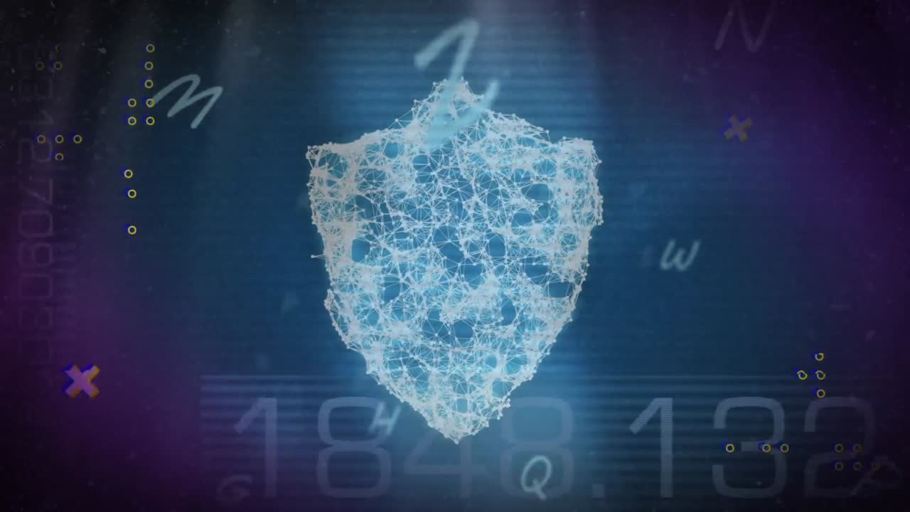 animación de la red de escudo de seguridad sobre el procesamiento de datos en fondo oscuro