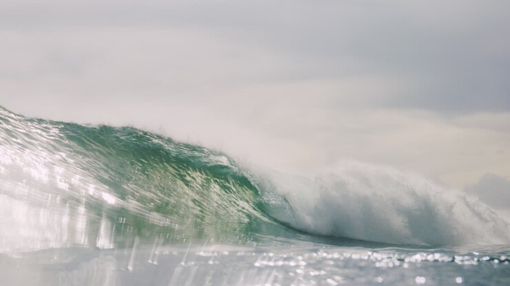 Bokeh sunlight reflects shimmering light as wave crashes down