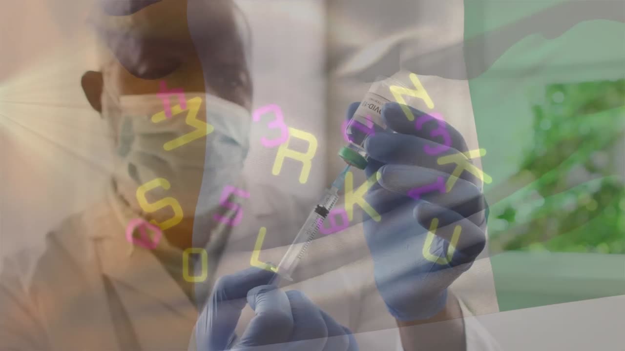 숫자와 이탈리아  ⁇ 발의 애니메이션 아프리카계 미국인 고위 남성 의사 백신을 들고 있습니다.