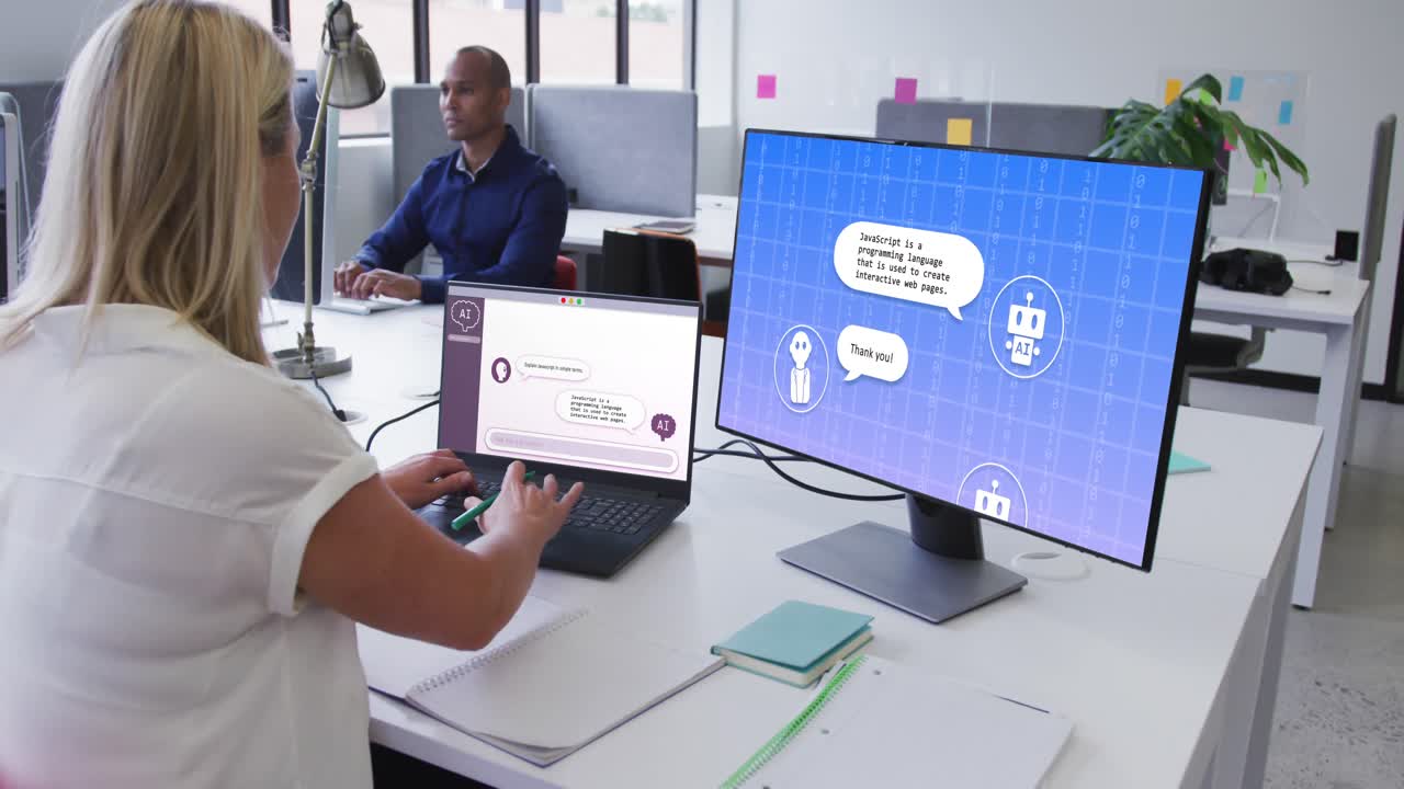 Composition of caucasian woman using laptop with ai chat on screen
