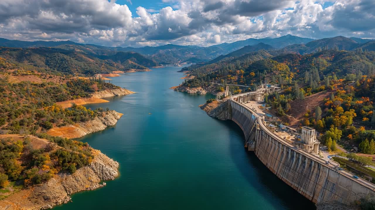 Aerial View of a Majestic Dam Surrounded by Lush Mountains and Tranquil Waters in the Heart of Nature, Capturing the Beauty of Serenity and Scale