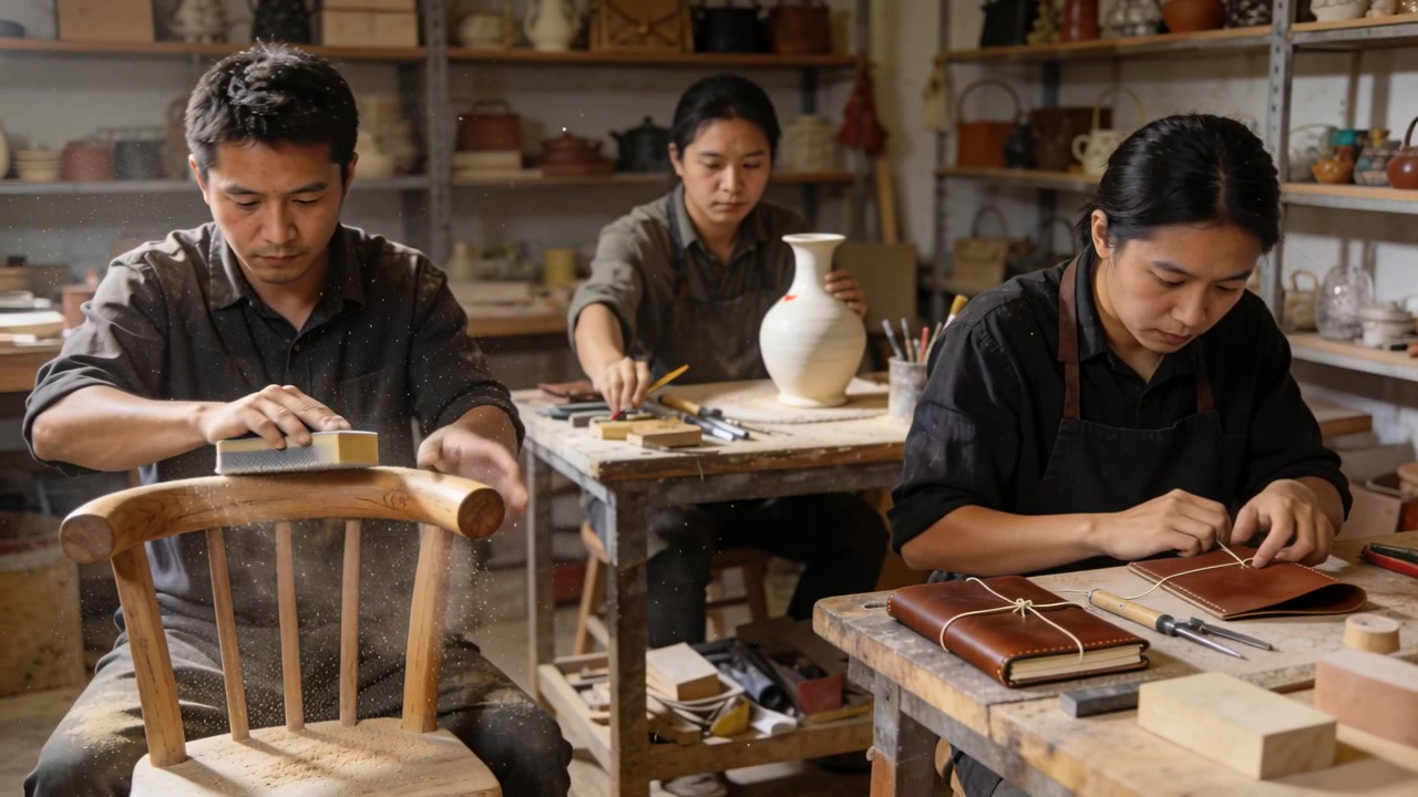 ภาพแสดงการขัด การทาสี การเย็บ โดยช่างฝีมือสามคนสวมผ้ากันเปื้อนกำลังทำงานในสตูดิโอพร้อมบล็อก