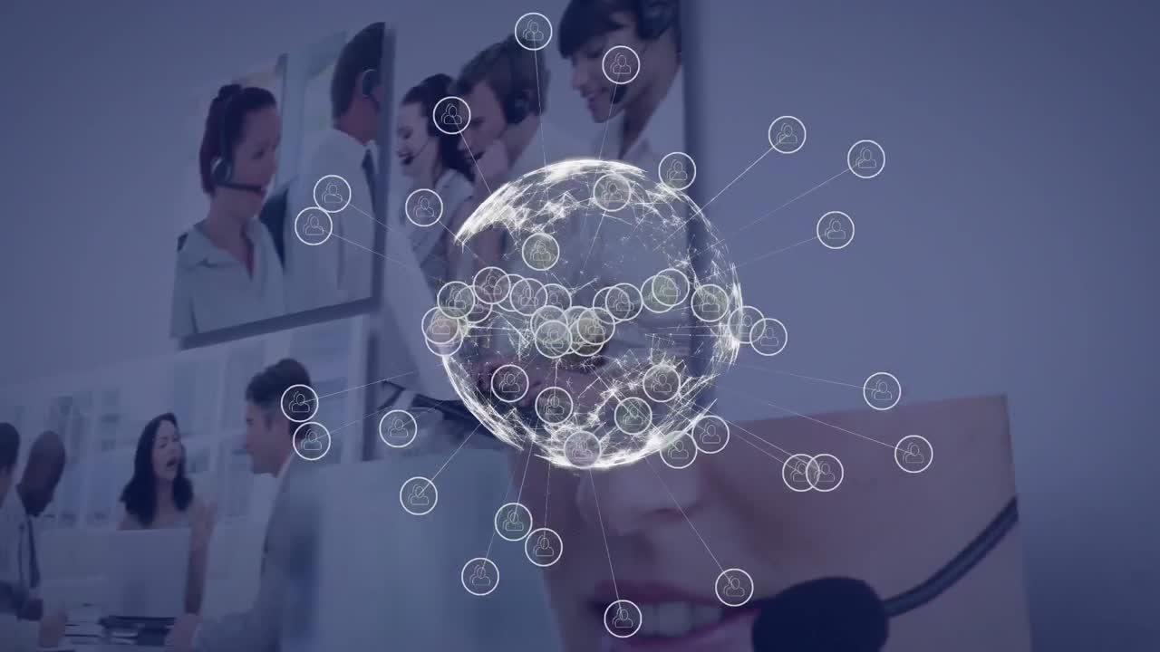 전화 헤드 ⁇  을 사용하는 사업가 들 의 전 세계 에 대한 애니메이션