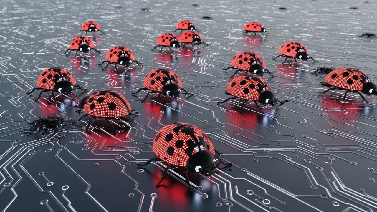 A Digital Landscape Filled with Robotic Ladybugs Crawling Over Circuit Boards, Merging Nature and Technology in a Unique Display of Innovation and Design