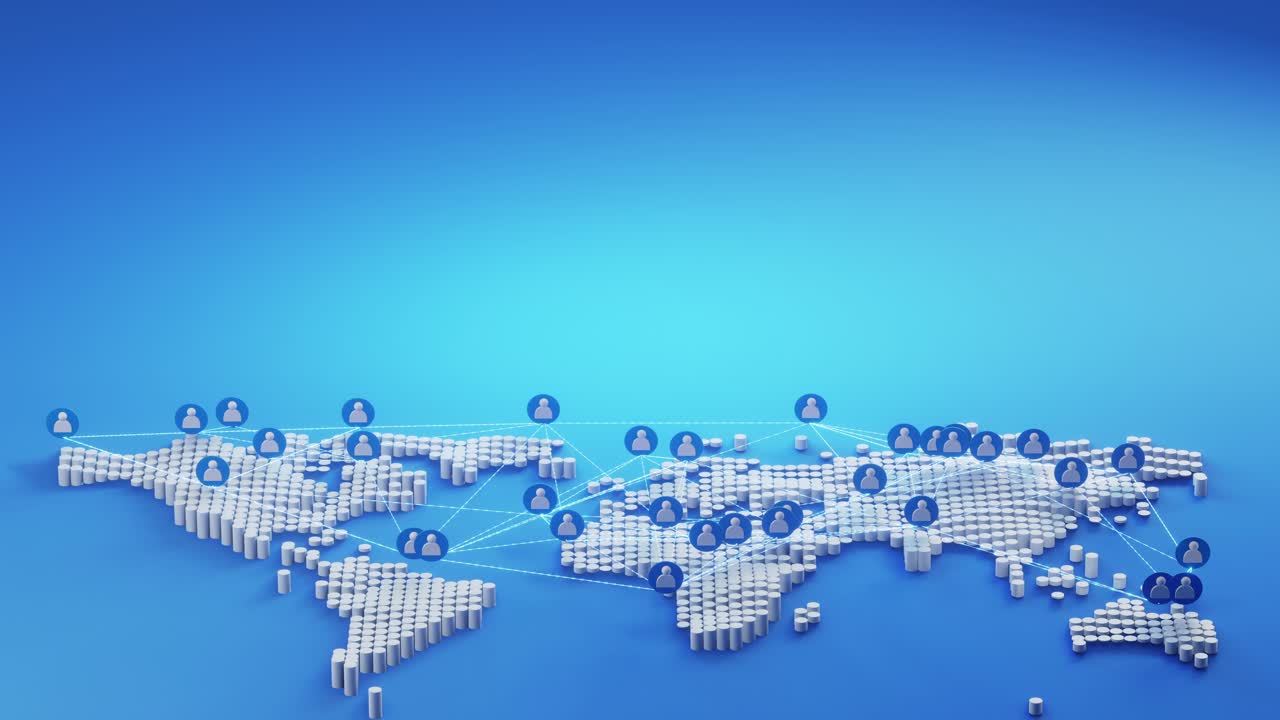 World Map with user icon, Communication Concept, technology network, line stripe connection, cylinder white world map on blue background, copy space for text