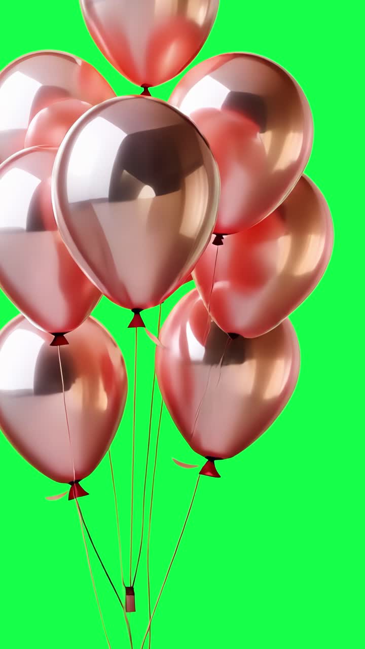Animazione di un grappolo di palloncini color oro rosa lucido, video 4K trasparente, green screen