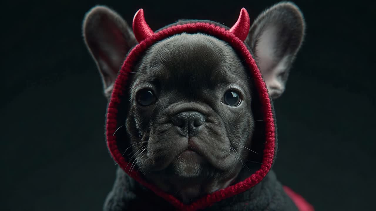 Adorable French Bulldog in a Devil Costume Showcases Its Charming Personality in This Captivating Video Sequence