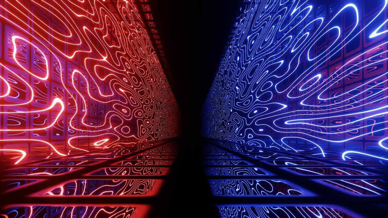 túnel de ciencia ficción de neón de alta tecnología. líneas de brillo de neón trendy forman patrón y construcción en túnel de espejo. volar a través del ciberespacio tecnológico. líneas de glow forman patrón de ciencia ficción. 3d en bucle sin costuras 4k bg