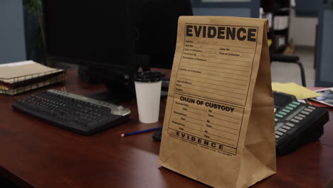 evidence bag zoom out on a desk in police station