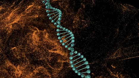 Animation-Der-DNA-Helix-über-Punkten,-Die-Ein-Dynamisches-Wellenmuster-Vor-Schwarzem-Hintergrund-Bilden